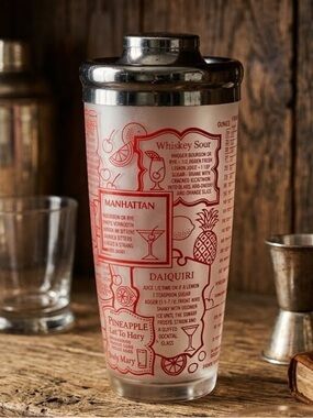 vintage Irvinware cocktail shaker 
1970s
classic drink recipes printed
24 ounce